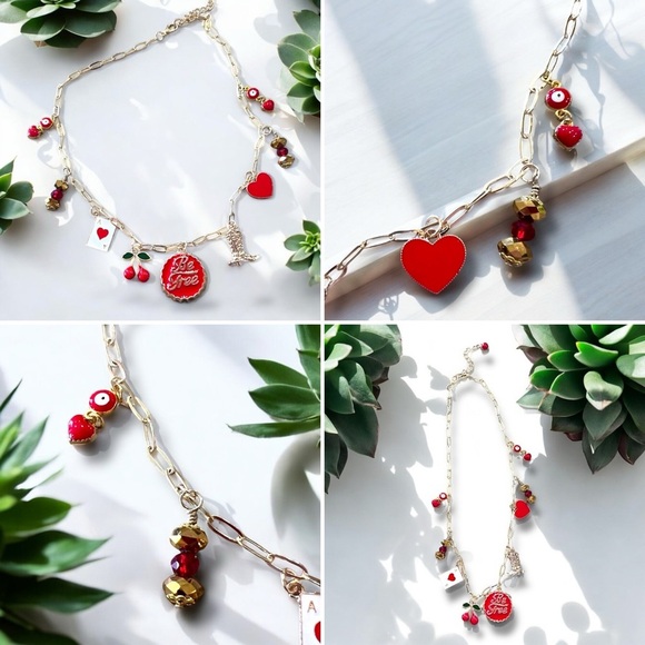 Gold toned dainty and fun Charm Necklace cherries, heart, boot and crystals - Picture 16 of 17